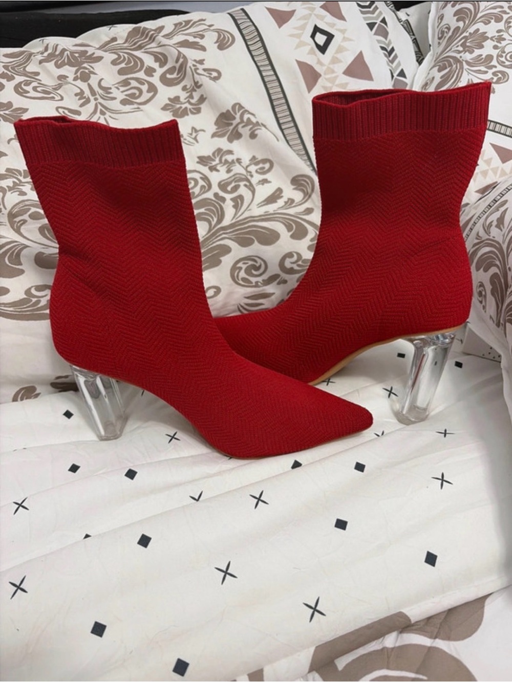 Women's Red Sock Booties with Clear Block Heel